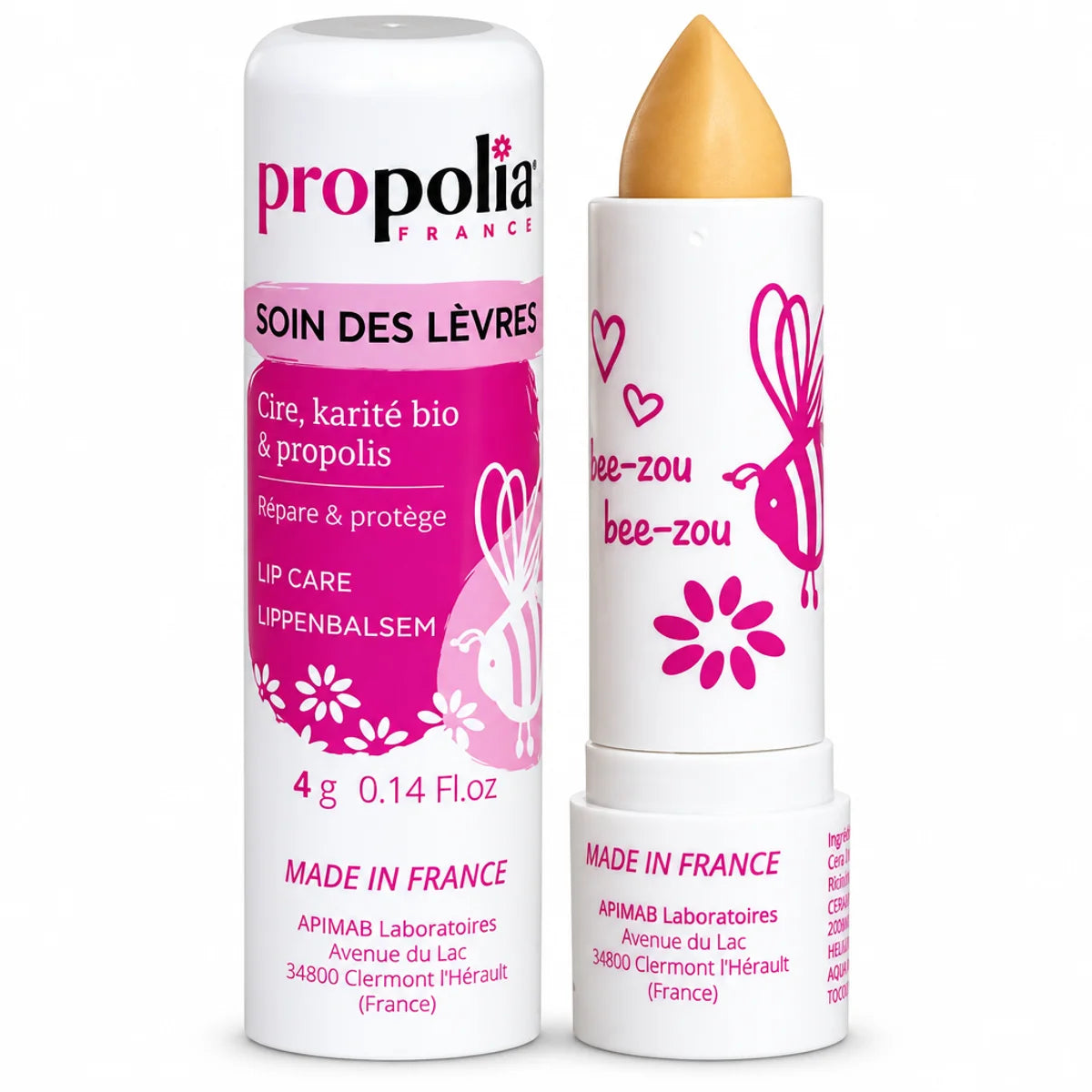 Baume lèvres Propolia Propolis & Karité stick 4g tube blanc étiquette rose