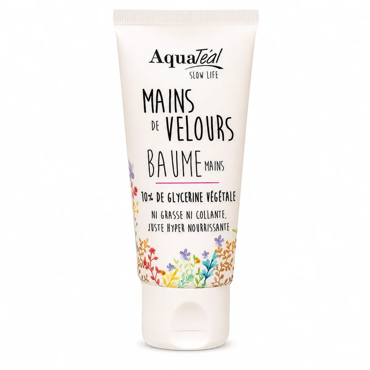 Baume Mains Aquatéal 45ml tube crème avec logo et illustrations botaniques sur fond blanc