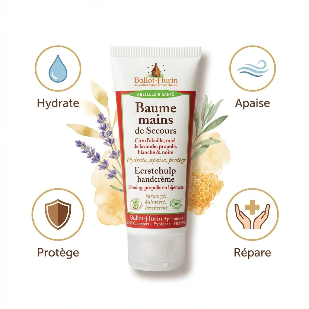 Baume Mains Ballot-Flurin Bio 75ml avec icônes hydrate, apaise, protège, répare sur fond blanc