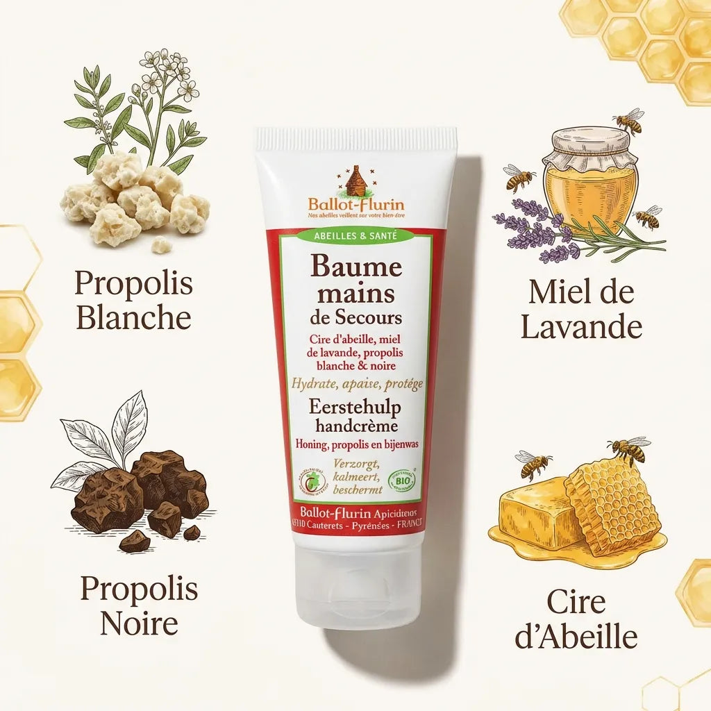 Baume mains bio Ballot-Flurin 75ml avec ingrédients naturels : propolis, miel lavande et cire d'abeille