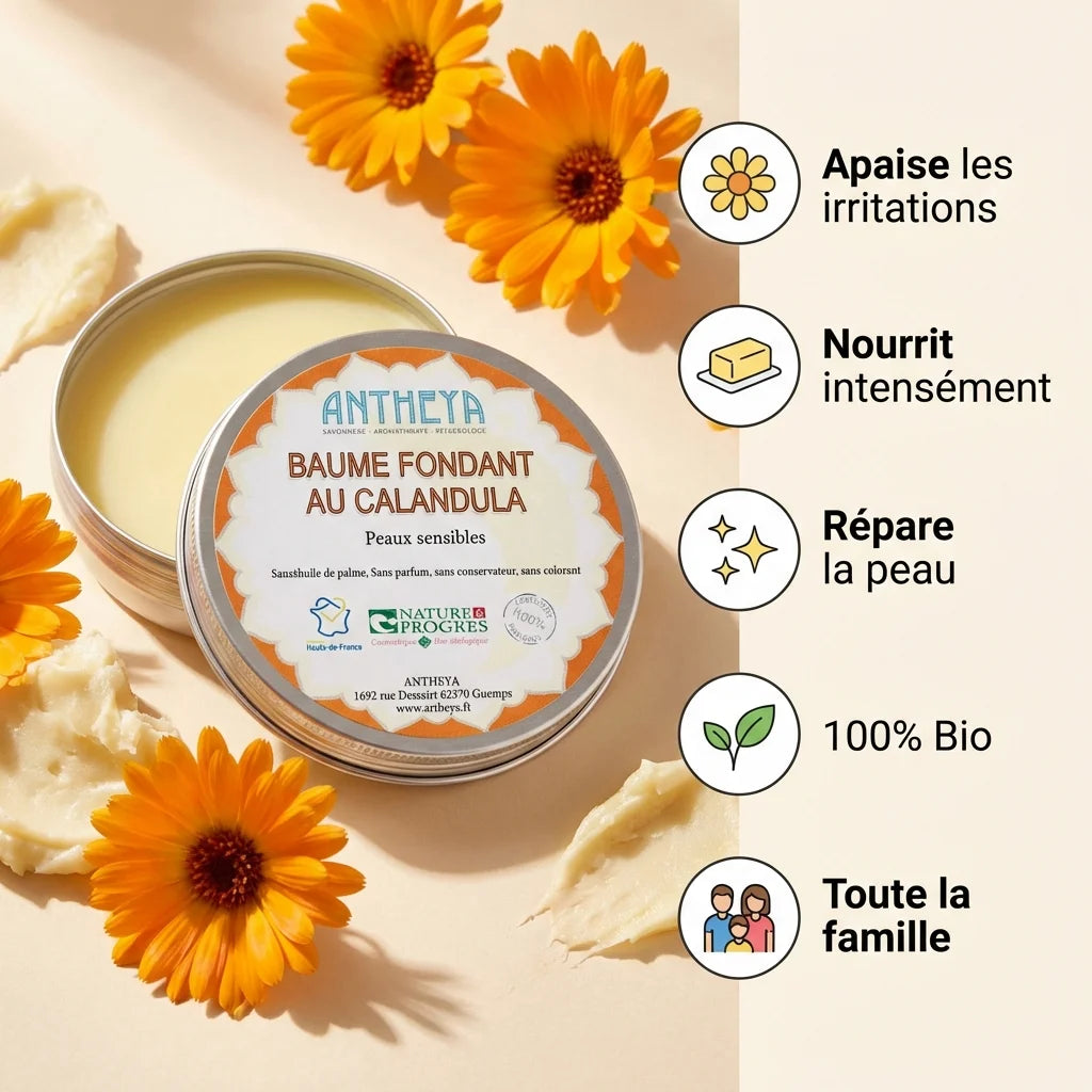 Baume multi-usages calendula Antheya 75g avec bénéfices bio : apaise, nourrit, répare pour toute la famille