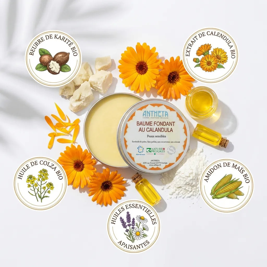 Baume multi-usages calendula Antheya 75g avec ingrédients bio: karité, calendula, colza, huiles essentielles