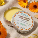 Baume multi-usages Antheya calendula 75g sur lin beige avec fleurs de calendula frais