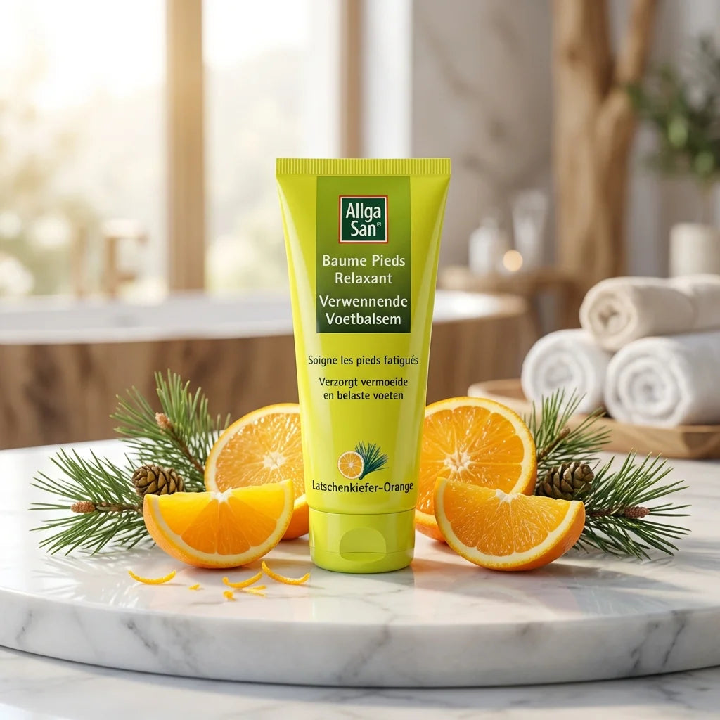 Baume pieds relaxant Allga San 100ml sur surface marbre avec agrumes et branches de pin