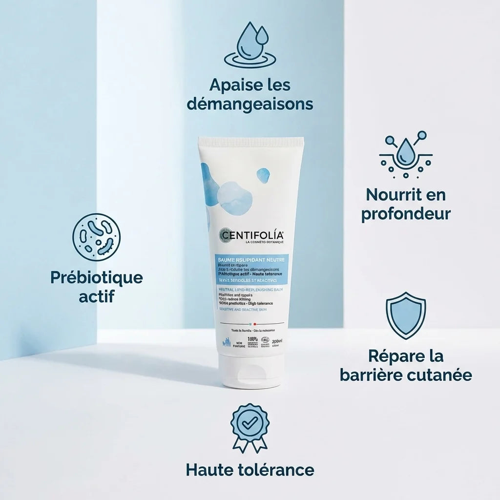 Baume Relipidant Centifolia 200ml avec icônes bénéfices : apaise, nourrit, répare barrière cutanée, haute tolérance