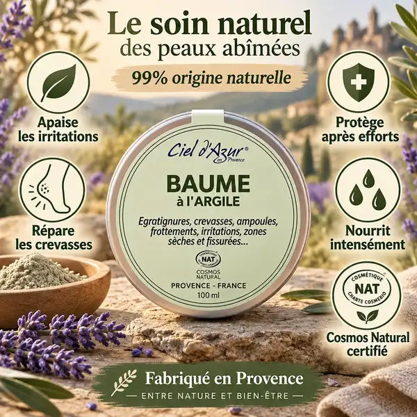 Baume réparateur argile Ciel d'Azur 100ml avec bénéfices apaisants et protecteurs, fabriqué en Provence