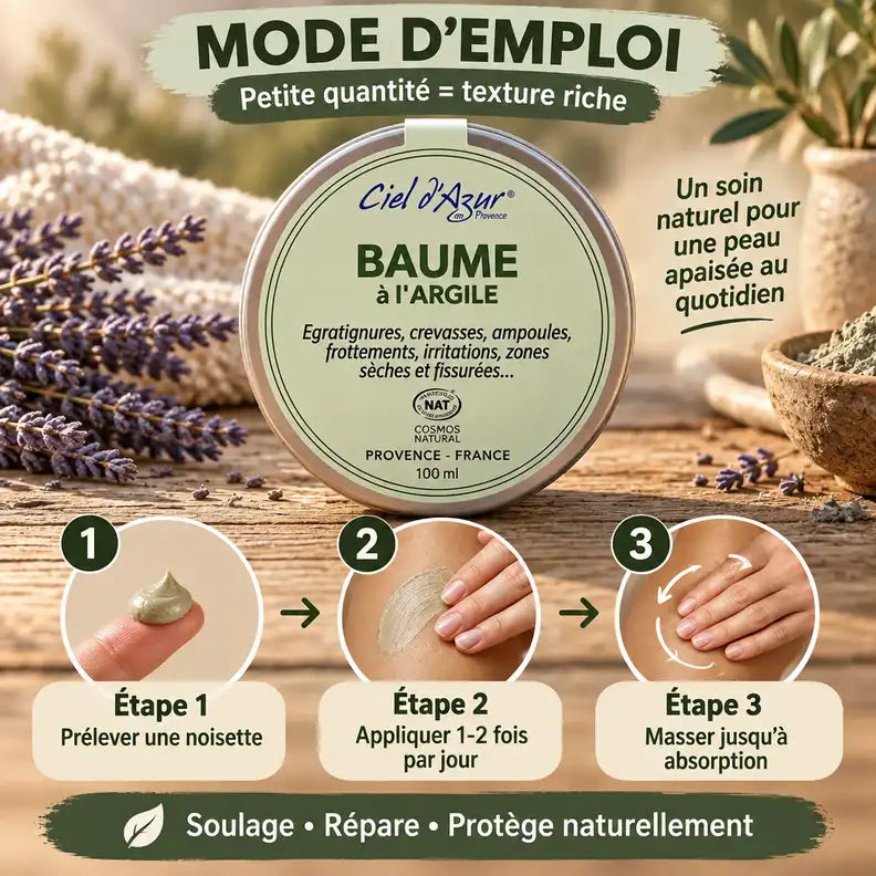 Baume réparateur Argile Ciel d'Azur 100ml avec mode d'emploi et instructions d'application en 3 étapes