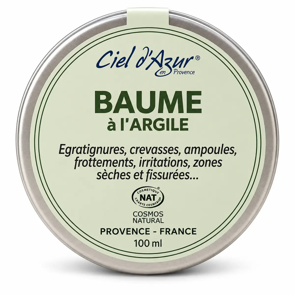 Baume réparateur à l'Argile Ciel d'Azur 100ml en pot métallique, certification COSMOS NATURAL