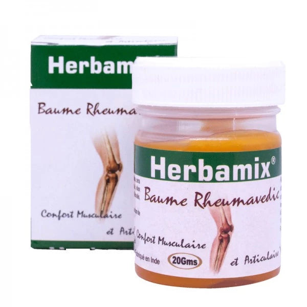 Un pot de 20g de baume rheumavedic de la marque Herbamix