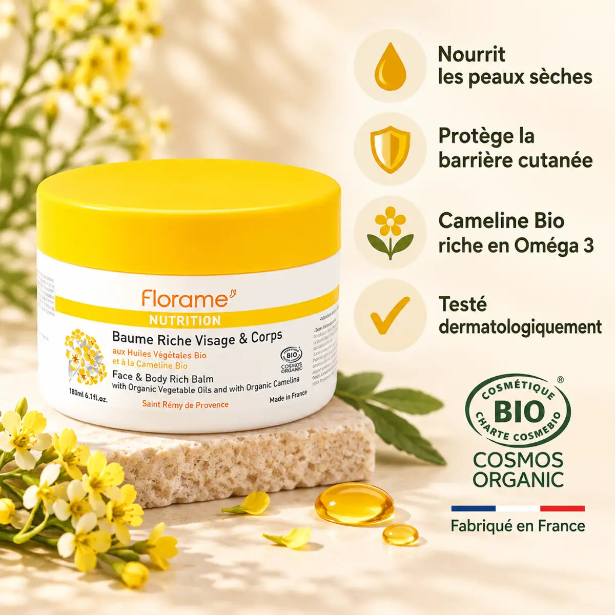 Baume Riche Florame 180ml bio : nutrition peaux sèches, certifié cosmébio avec cameline oméga 3
