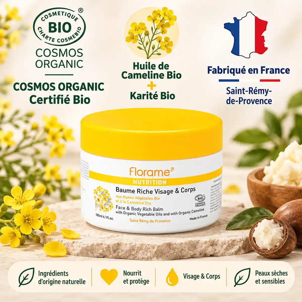 Pot Baume Riche Visage Corps Bio Florame 180ml certifié COSMOS Organic, fabriqué France
