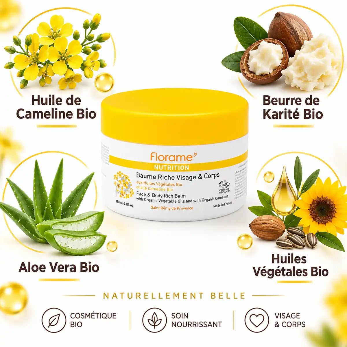 Baume riche Florame 180ml bio avec huile de cameline, beurre de karité et aloe vera