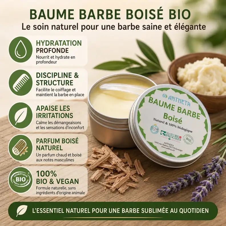 Baume Barbe Boisé Bio Antheya avec ingrédients naturels et bénéfices sur fond bois rustique
