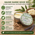 Baume Barbe Boisé Bio Antheya avec ingrédients naturels et bénéfices sur fond bois rustique