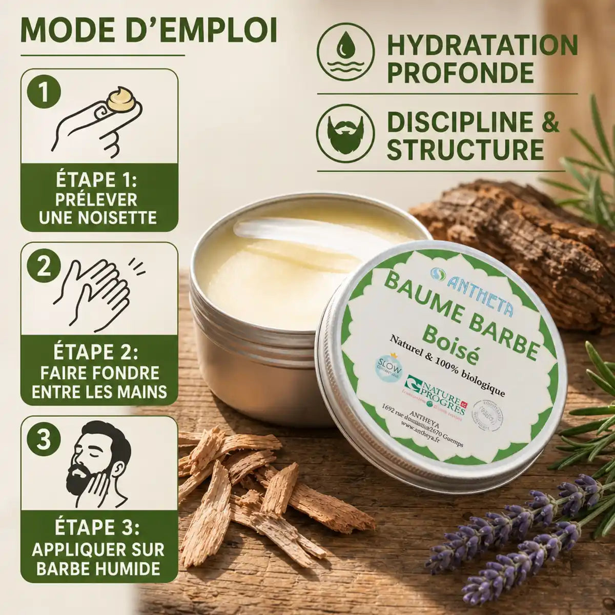 Baume Barbe Boisé Bio Antheya - Guide d'application avec ingrédients naturels et instructions étape par étape