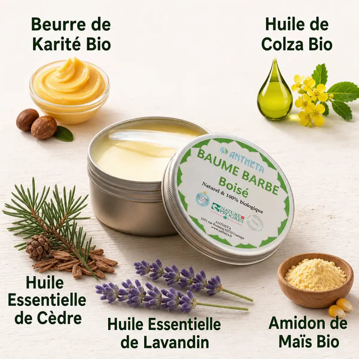 Baume Soin Barbe Boisé Bio Antheya avec ingrédients naturels: karité, colza, cèdre et lavande