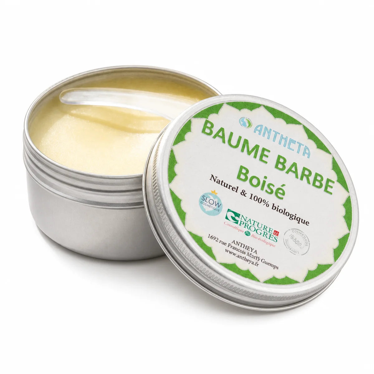 Baume Soin Barbe Boisé Bio Antheya en boîte aluminium avec étiquette verte, fond blanc