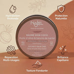 Baume coco Najel 100g avec icônes bénéfices : hydratation, protection, réparation et brillance capillaire