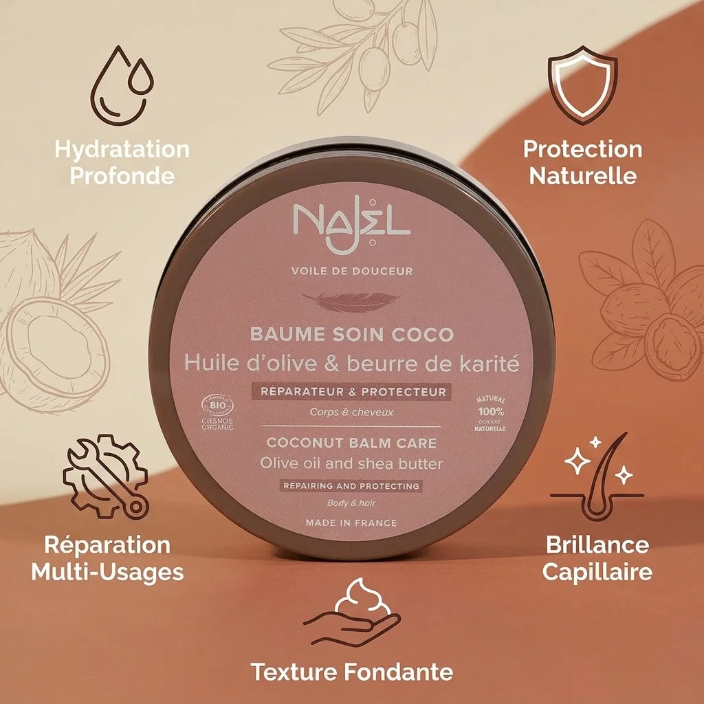 Baume coco Najel 100g avec icônes bénéfices : hydratation, protection, réparation et brillance capillaire