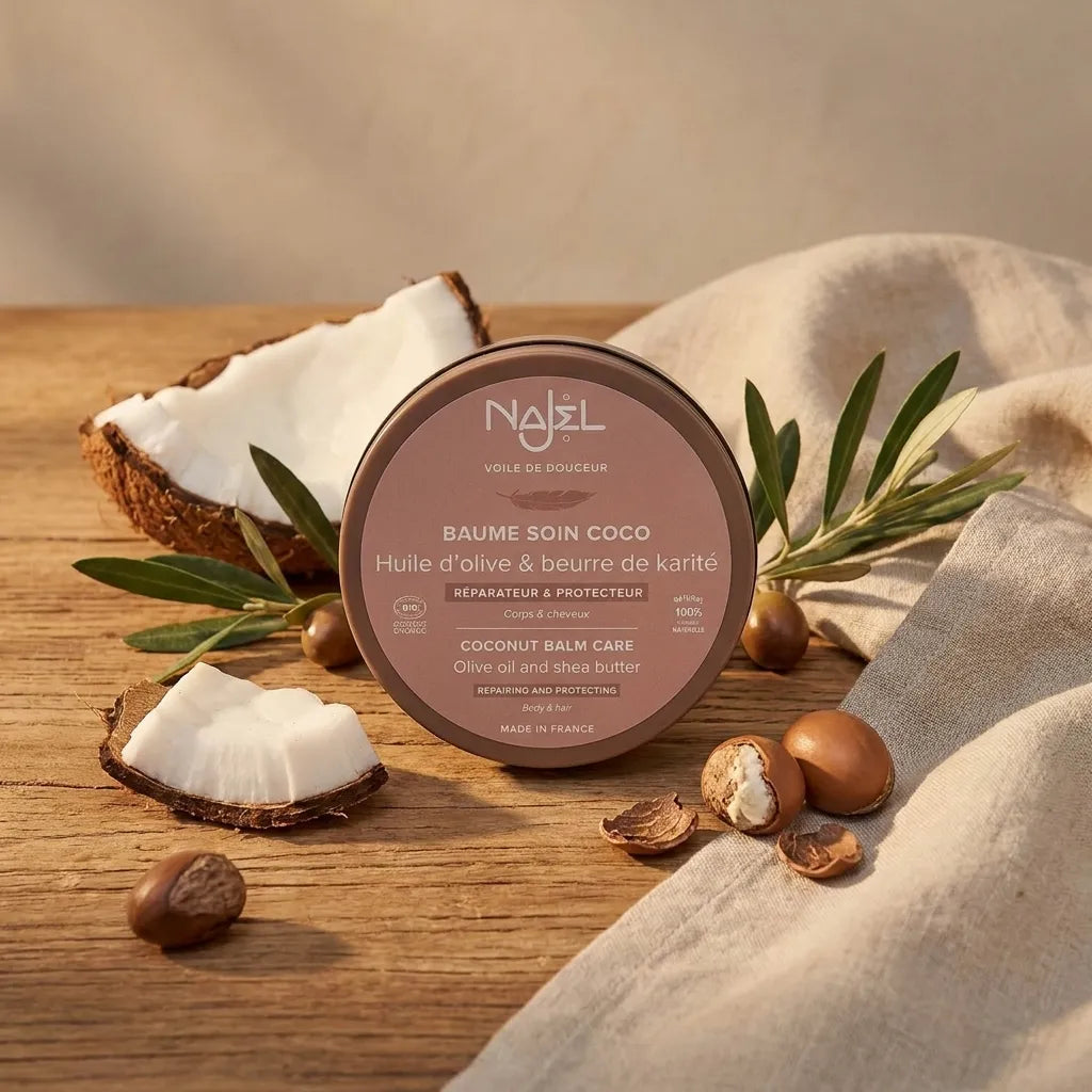 Baume soin coco Najel 100g réparateur sur fond bois avec noix de coco et olive