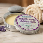Baume soin des pieds Antheya 75g sur marbre avec serviettes et pierre, ambiance spa luxe