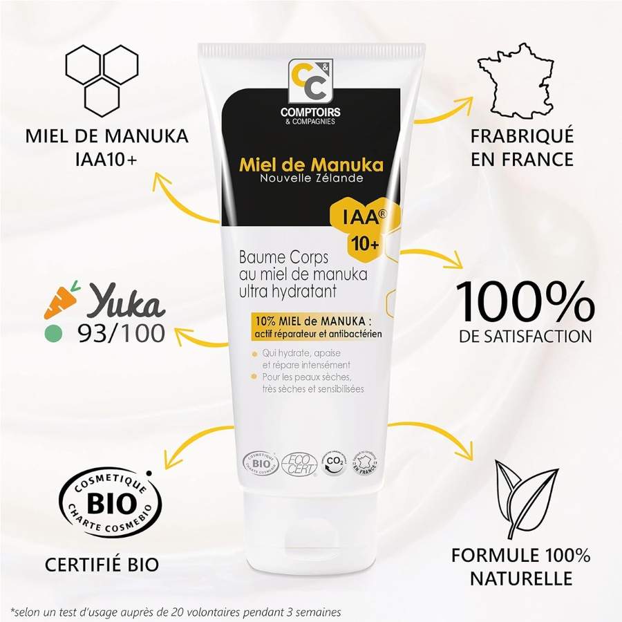 Les ingrédients et leurs origines du baume ultra hydratant bio au miel de Manuka Iaa10+ de 200 ml de la marque Comptoirs et compagnies