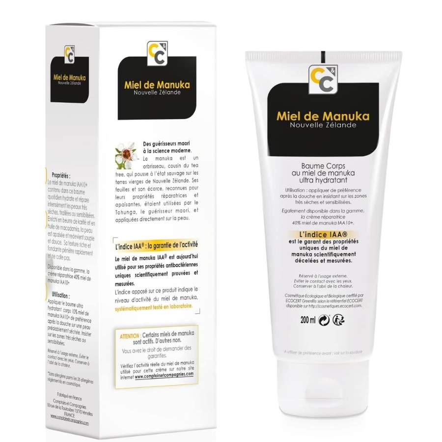 Le verso d'un baume ultra hydratant bio au miel de Manuka Iaa10+ de 200 ml de la marque Comptoirs et compagnies
