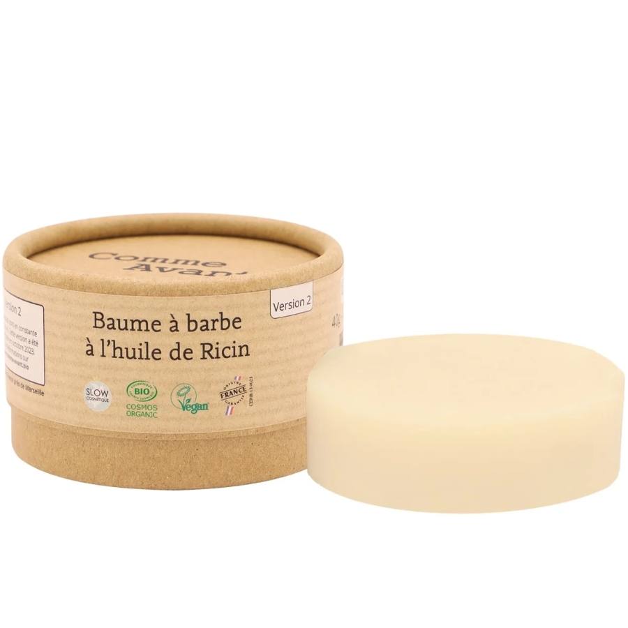 Un Baume à Barbe à l'Huile de Ricin Bio Comme Avant avec son emballage en carton écoresponsable
