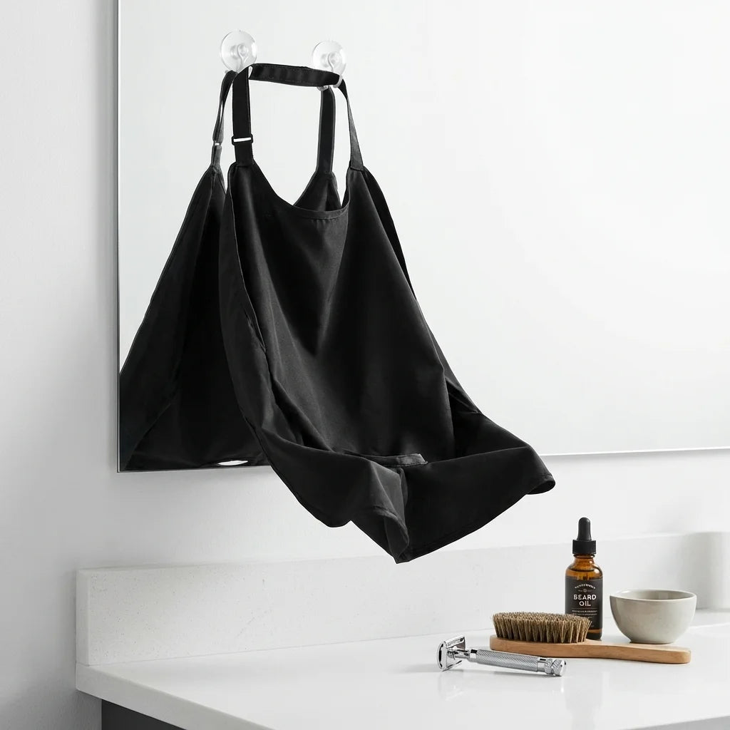 Bavoir à barbe noir avec ventouses fixé au miroir de salle de bain pour la rasage