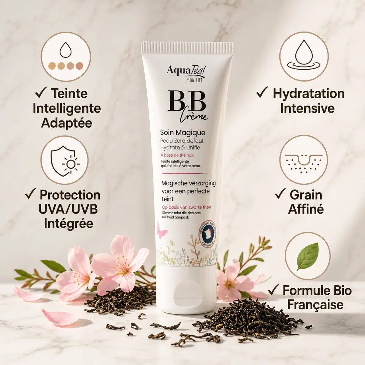 BB Cream Zéro Défaut Aquatéal 40ml avec bénéfices : teinte adaptée, protection UV, hydratation, grain affiné, formule bio