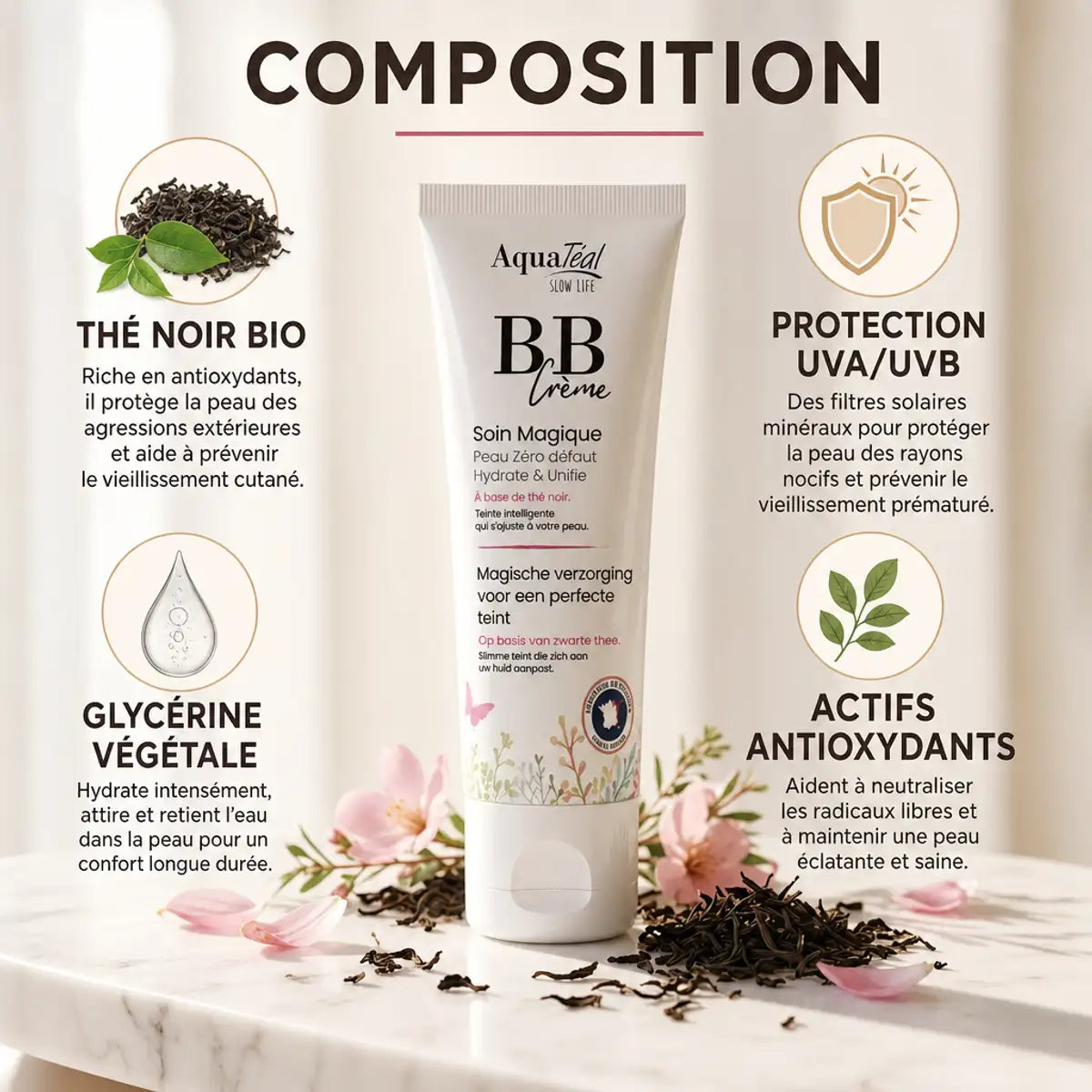 BB Cream Aquatéal 40ml avec ingrédients naturels : thé noir bio, glycérine végétale et protection UV