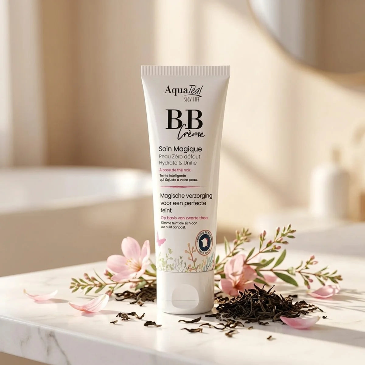 BB Cream Aquatéal 40ml sur vanité marbre avec fleurs roses et feuilles de thé noir