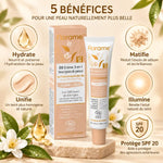 BB Crème 5 en 1 Bio Claire Florame 40ml avec ses 5 bénéfices : hydrate, matifie, unifie, illumine, SPF 20