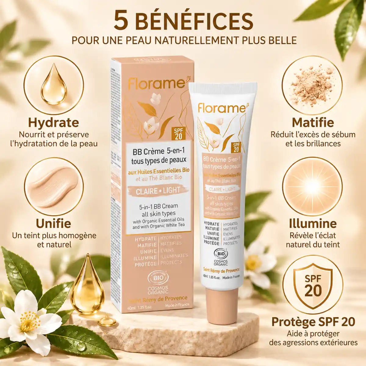 BB Crème 5 en 1 Bio Claire Florame 40ml avec ses 5 bénéfices : hydrate, matifie, unifie, illumine, SPF 20