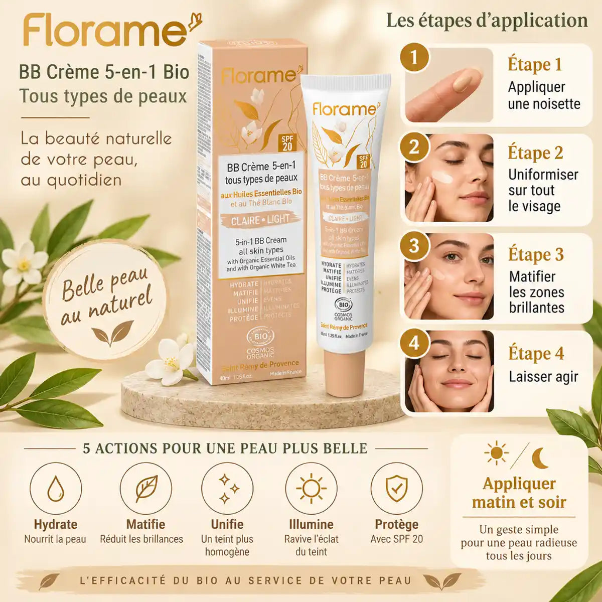 BB Crème 5 en 1 Bio Claire Florame - Guide application 4 étapes avec hydratation et matification