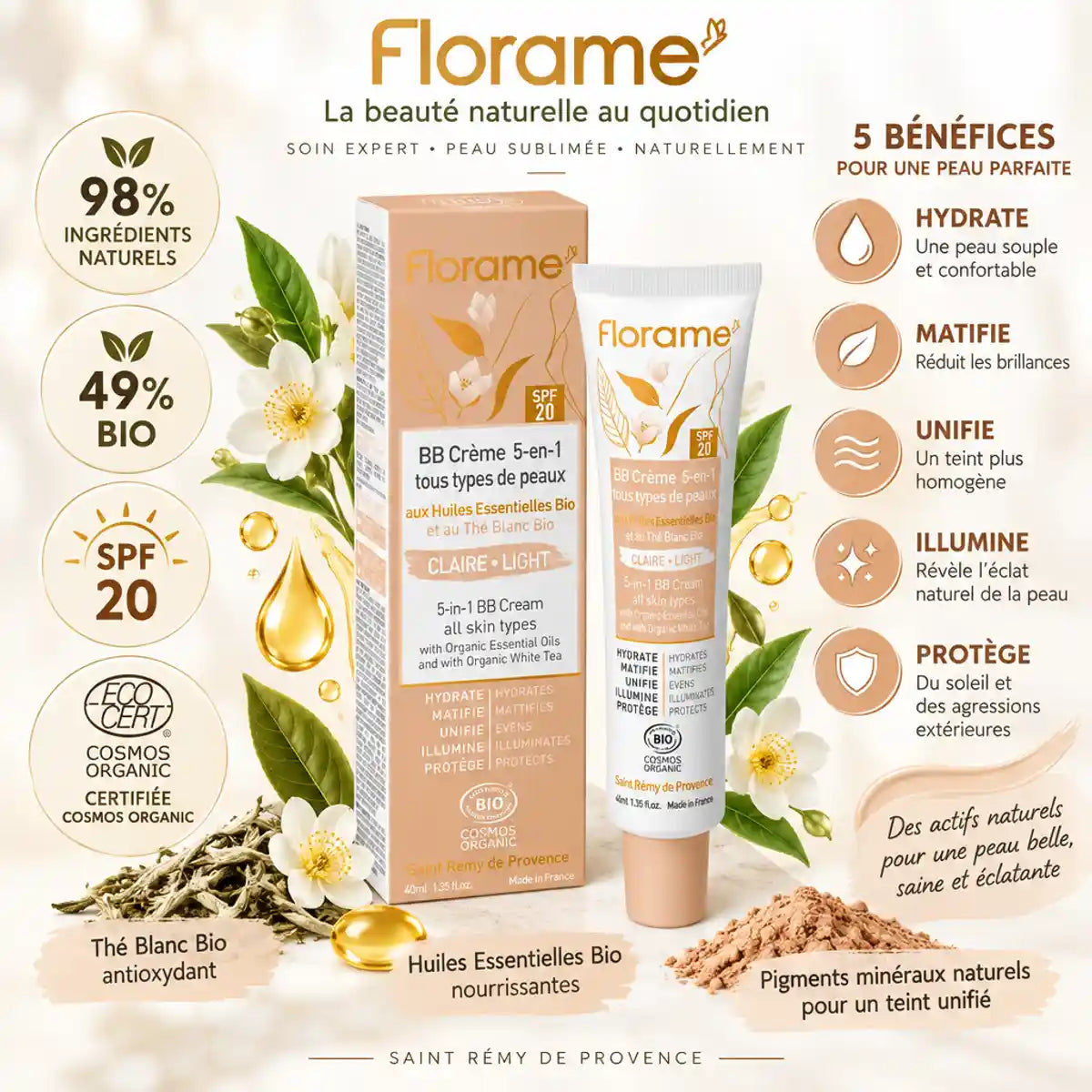 BB Crème 5 en 1 Bio Claire Florame 40ml avec ses 5 bénéfices : hydrate, matifie, unifie, illumine, protège