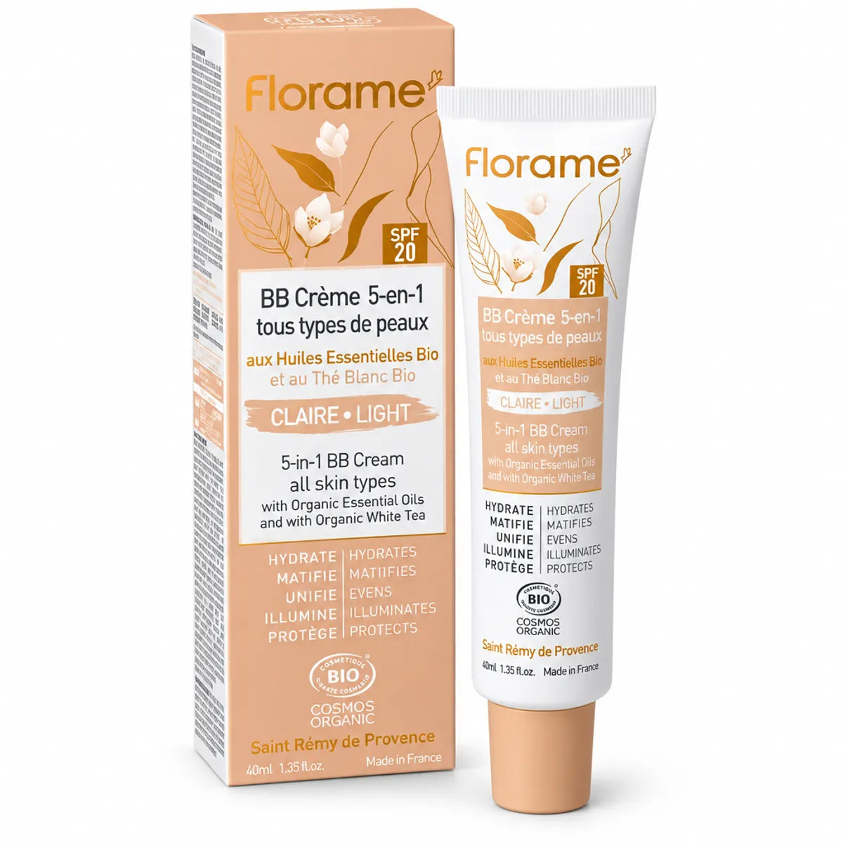 BB Crème 5 en 1 Bio Claire Florame 40ml avec son packaging beige sur fond blanc