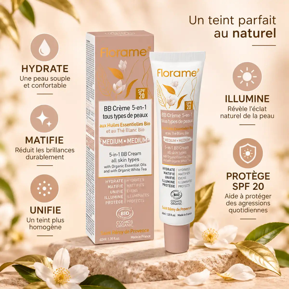 BB Crème 5-en-1 Bio Medium Florame 40ml avec bénéfices hydratation, matification et protection SPF 20