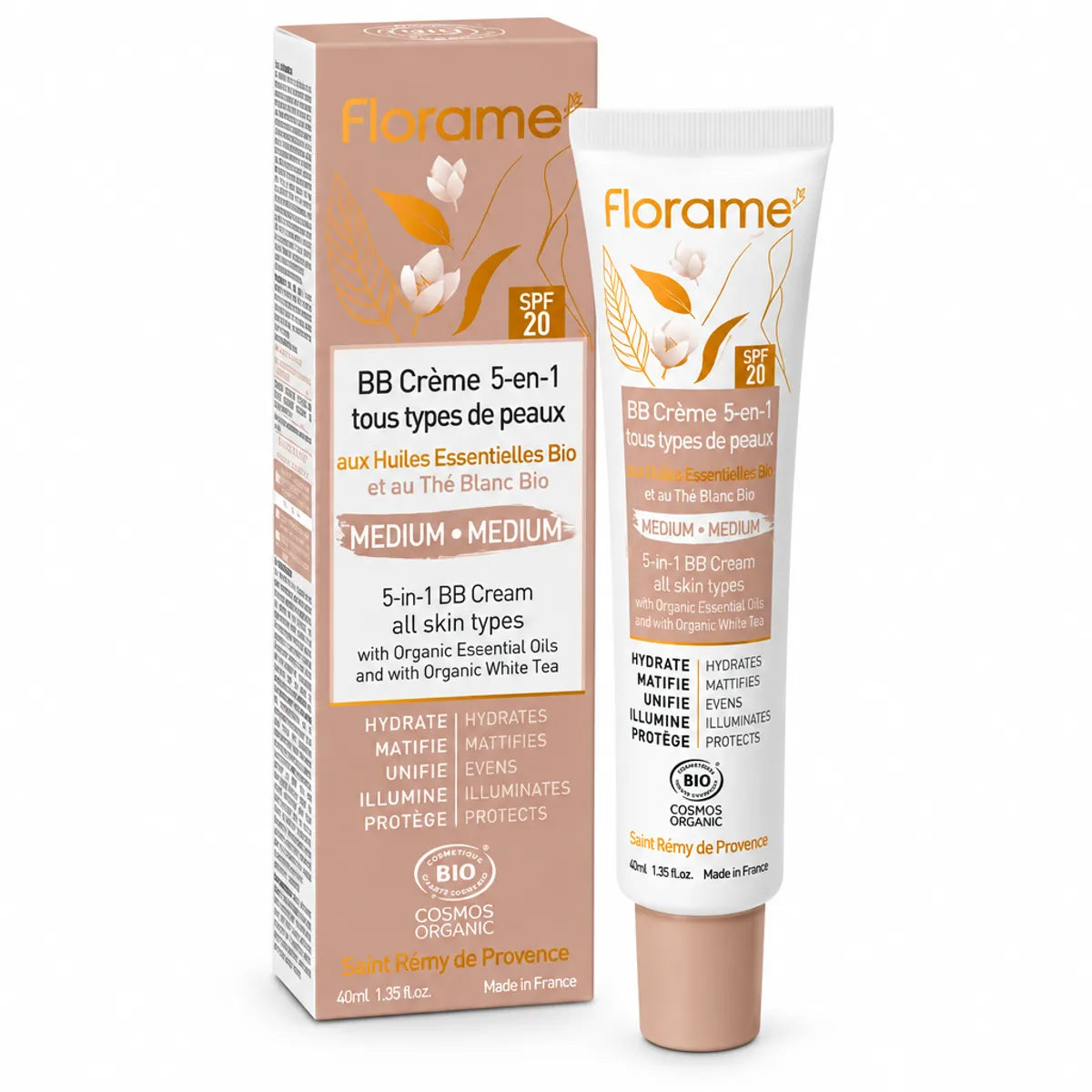 Florame BB Crème 5-en-1 Bio Medium 40ml tube packaging beige sur fond blanc