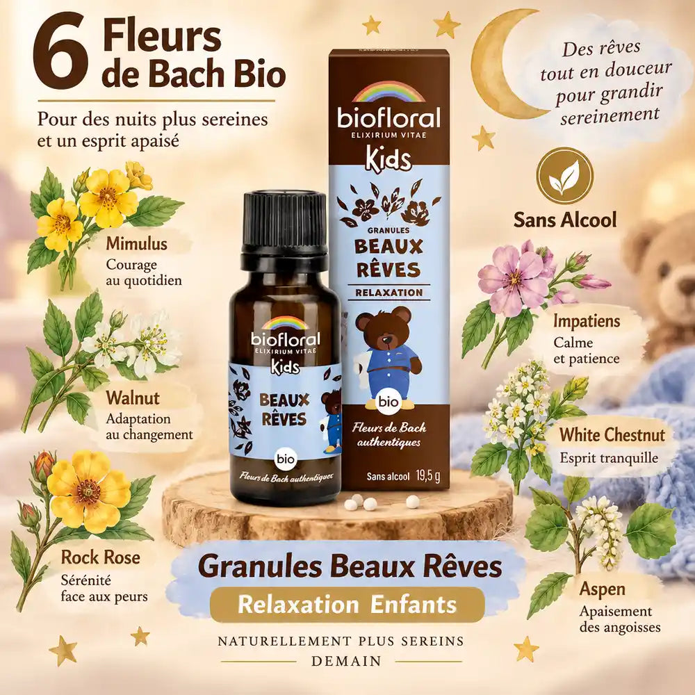 Granules Beaux Rêves Biofloral bio sans alcool pour relaxation enfants avec fleurs de Bach