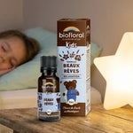 Granules Beaux Rêves Bio Biofloral 19,5g sur table de nuit, enfant endormi, sommeil serein