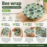 Bee wrap Angie Be Green taille L motif tropical avec étapes d'utilisation illustrées pour emballage réutilisable écologique