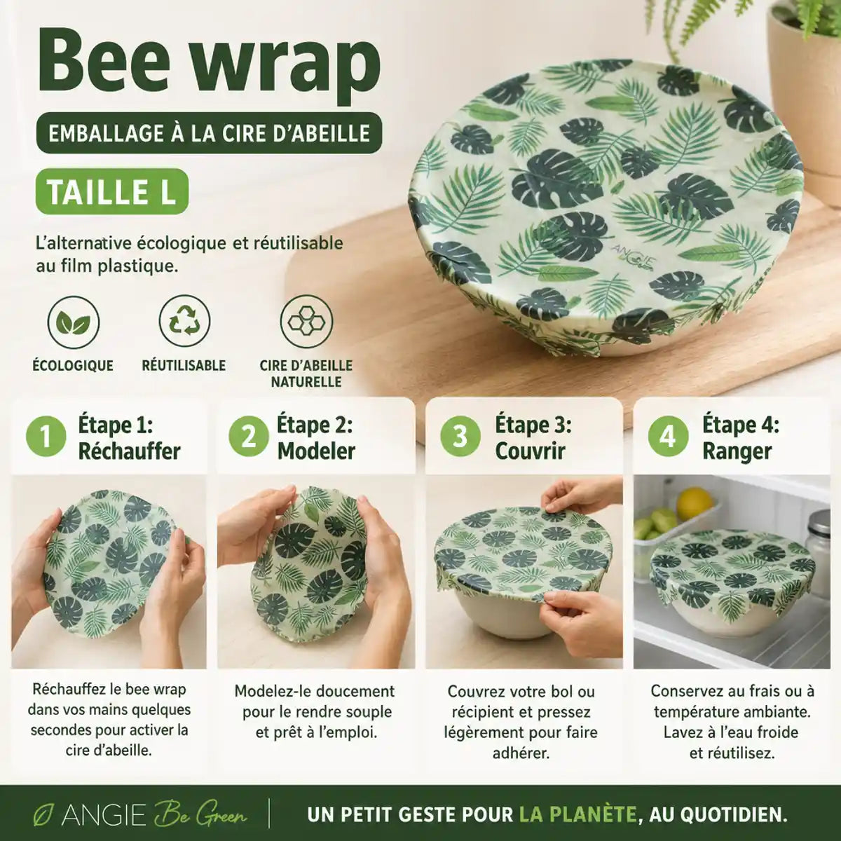 Bee wrap Angie Be Green taille L motif tropical avec étapes d'utilisation illustrées pour emballage réutilisable écologique