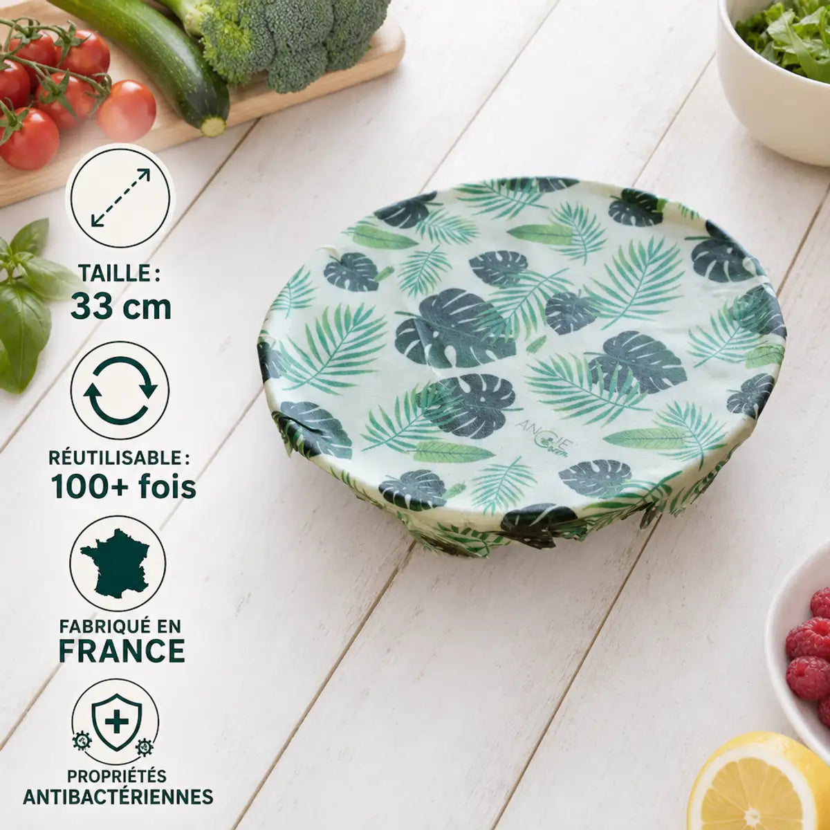 Bee wrap Angie Be Green taille L en cire d'abeille avec motif tropical, réutilisable 100+ fois, fabriqué en France