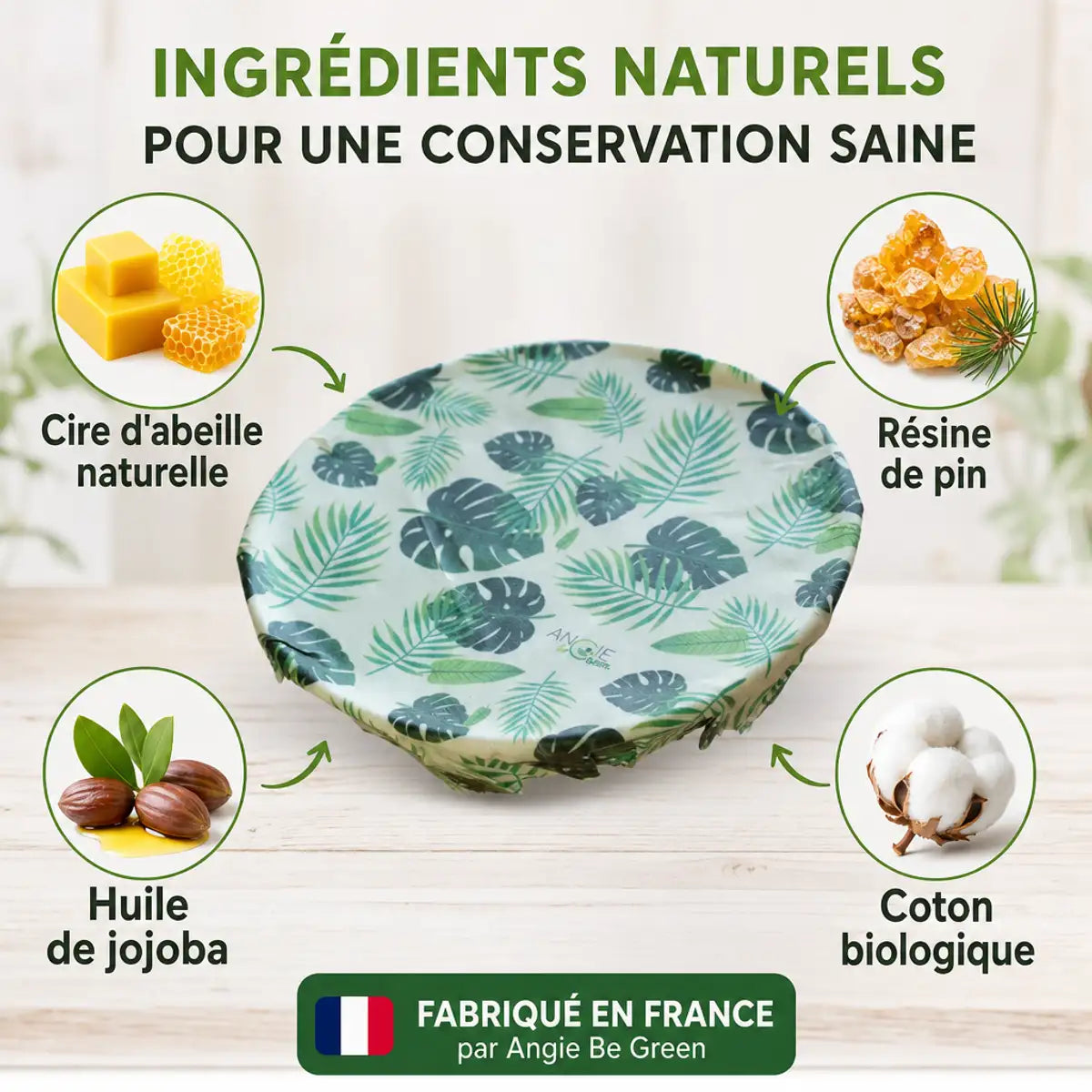 Bee Wrap Angie Be Green taille L motif feuilles tropicales avec ingrédients naturels cire d'abeille coton biologique