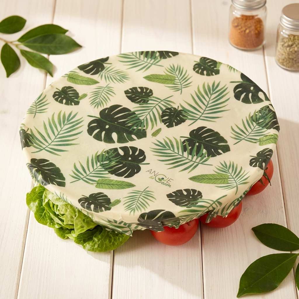 Bee wrap taille L motif feuilles tropicales draté sur légumes frais, emballage écologique réutilisable
