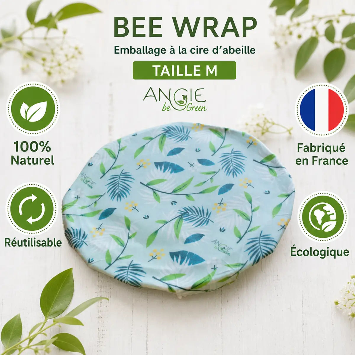 Bee wrap taille M motif floral bleu Angie Be Green réutilisable écologique naturel fabriqué France