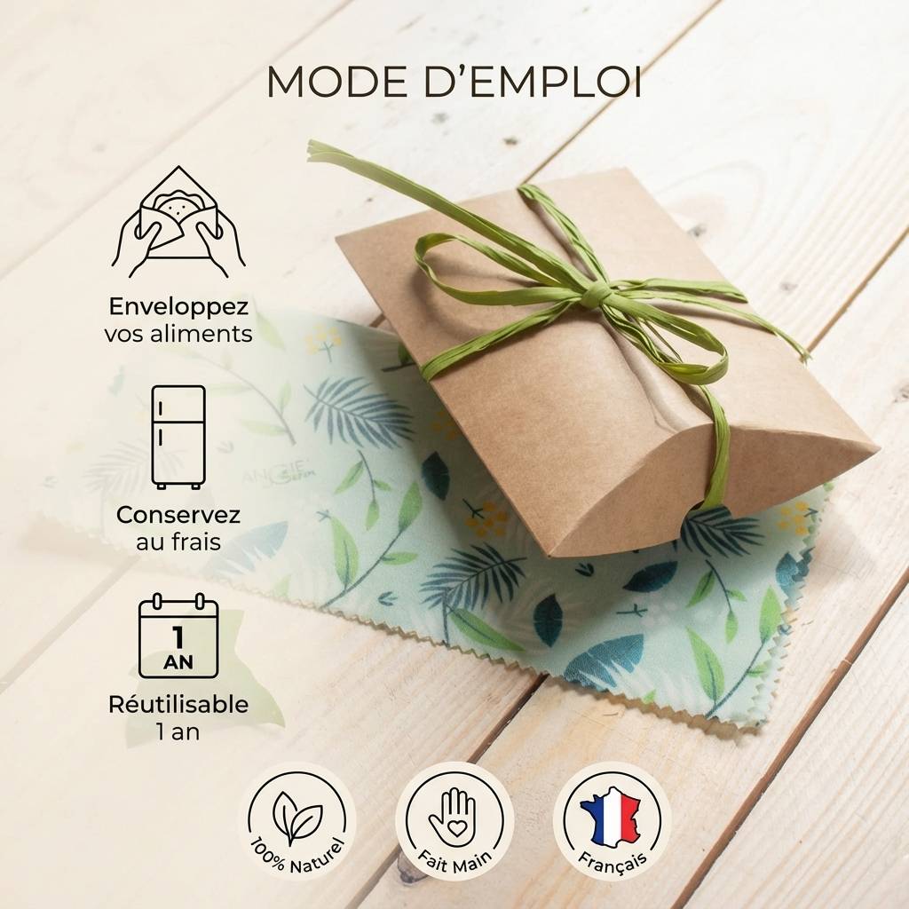 Bee wrap cire d'abeille Taille M Angie Be Green avec mode d'emploi et badges naturel réutilisable