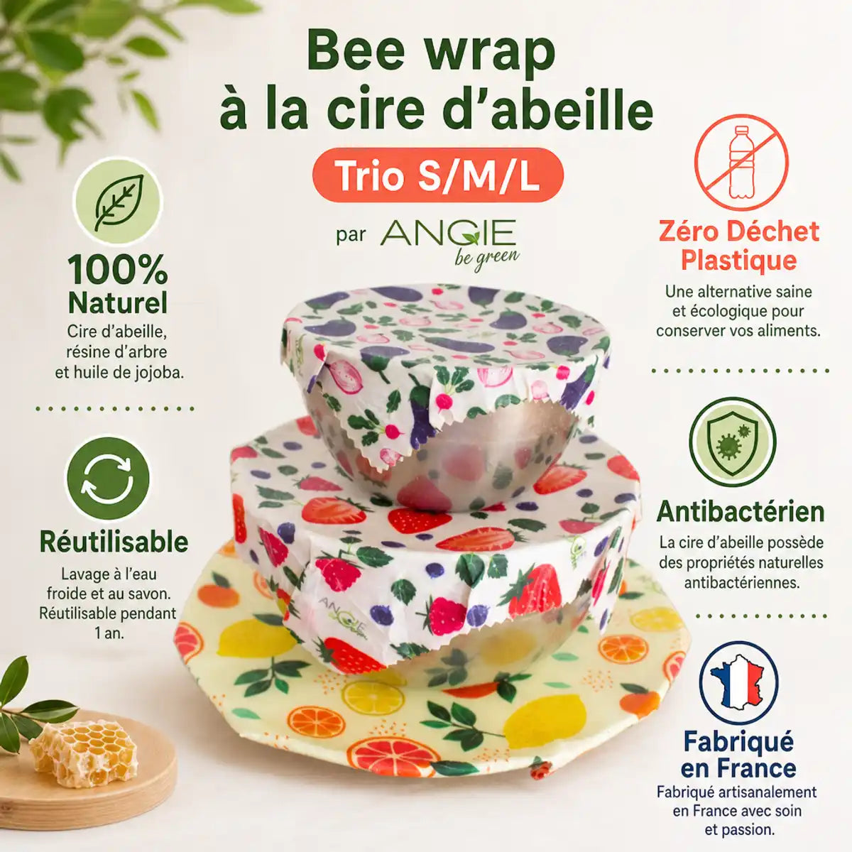 Bee wrap trio S/M/L cire d'abeille Angie Be Green, emballage réutilisable zéro déchet naturel
