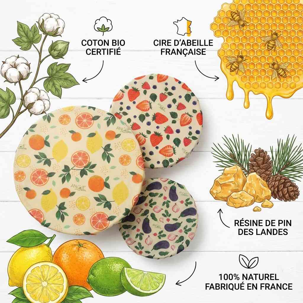 Trio Bee wrap ANGIE BE GREEN S/M/L cire d'abeille naturelle française avec ingrédients bio